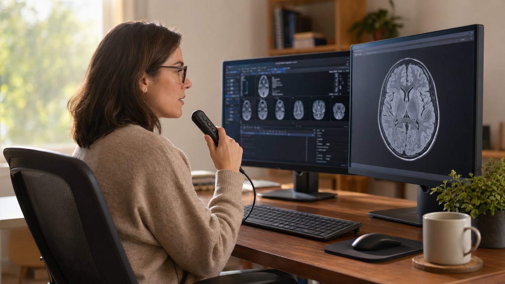 Radiologist at PACS workstation reviewing imaging studies